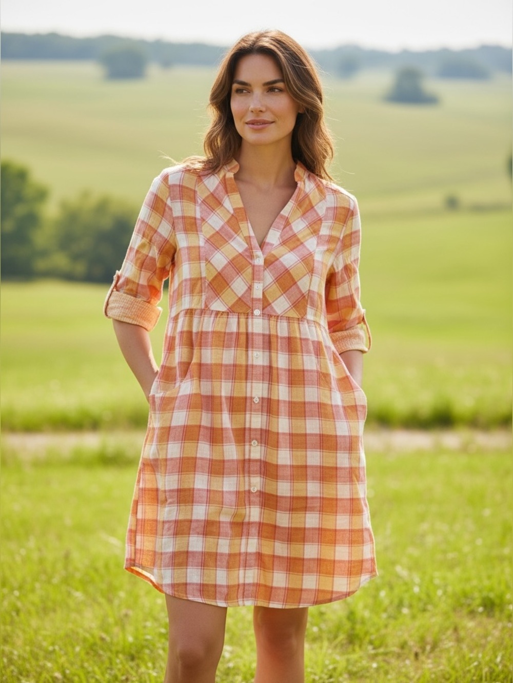 Carve Designs Yellow Orange White Plaid Serra Cotton Gauze Shirt Dress